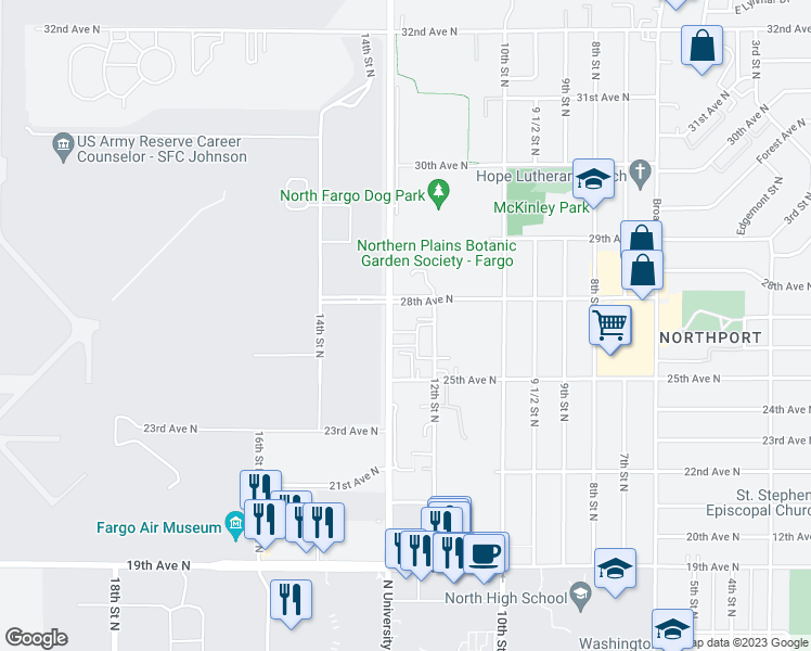 map of restaurants, bars, coffee shops, grocery stores, and more near 2624-2672 North University Drive in Fargo