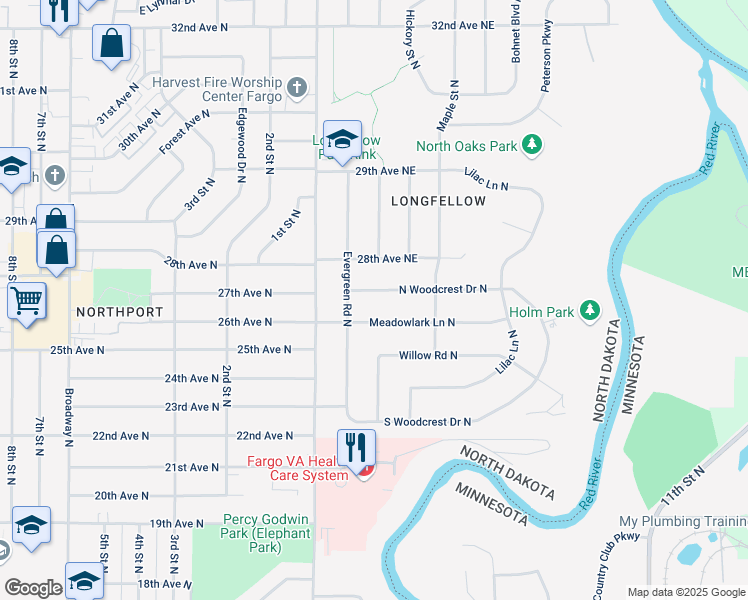 map of restaurants, bars, coffee shops, grocery stores, and more near 36 Meadowlark Lane North in Fargo