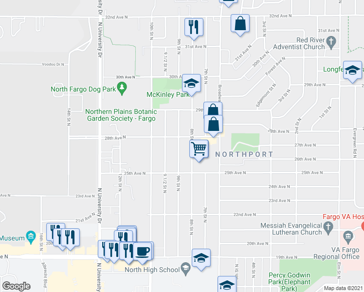 map of restaurants, bars, coffee shops, grocery stores, and more near 2605 9th Street North in Fargo