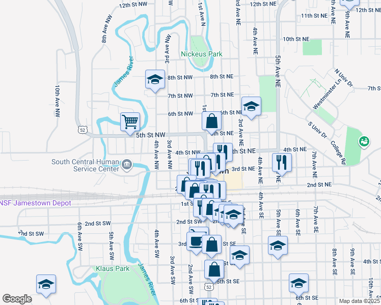map of restaurants, bars, coffee shops, grocery stores, and more near 321 2nd Avenue Northwest in Jamestown