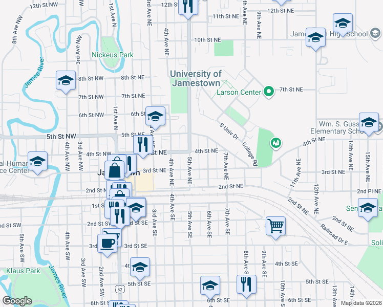 map of restaurants, bars, coffee shops, grocery stores, and more near 451-499 3rd Street Northeast in Jamestown