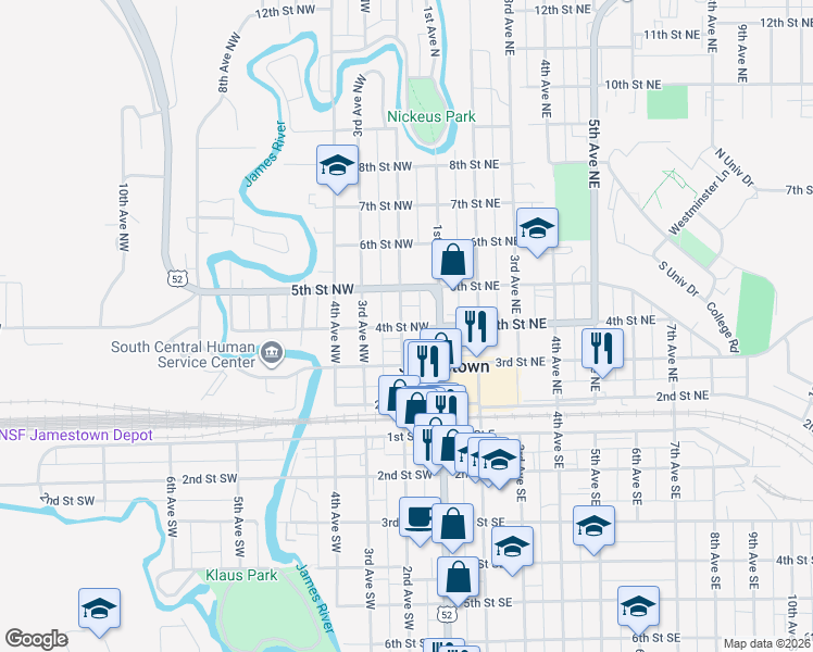 map of restaurants, bars, coffee shops, grocery stores, and more near 321 2nd Avenue Northwest in Jamestown