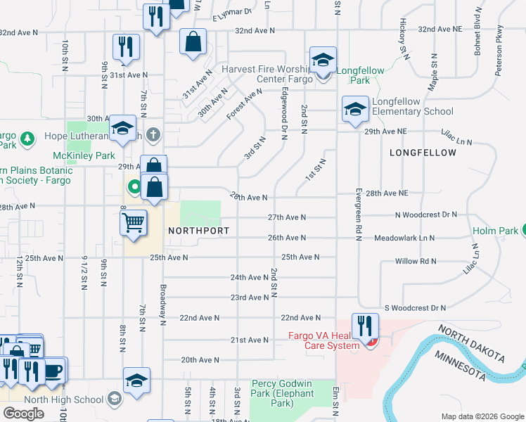 map of restaurants, bars, coffee shops, grocery stores, and more near 209 28th Avenue North in Fargo