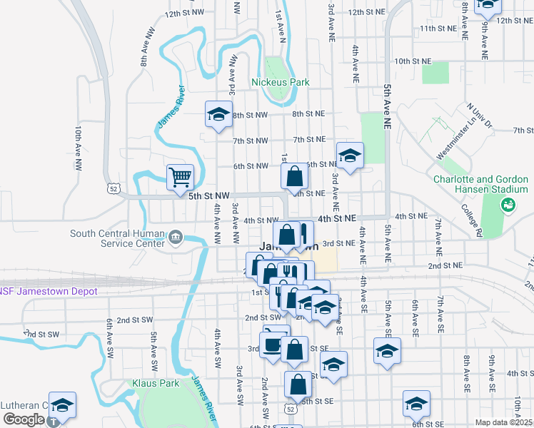 map of restaurants, bars, coffee shops, grocery stores, and more near 402 2nd Avenue Northwest in Jamestown
