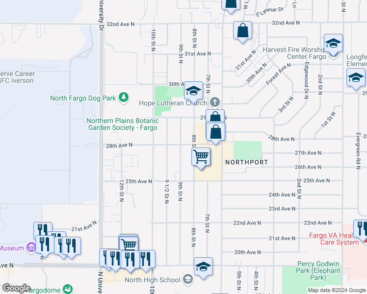 map of restaurants, bars, coffee shops, grocery stores, and more near 2709 9th Street North in Fargo