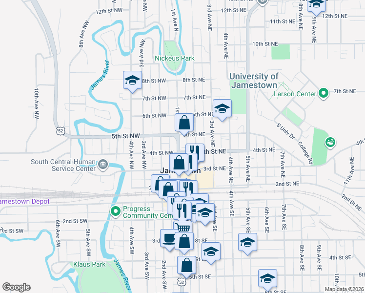 map of restaurants, bars, coffee shops, grocery stores, and more near 423 2nd Avenue Northeast in Jamestown