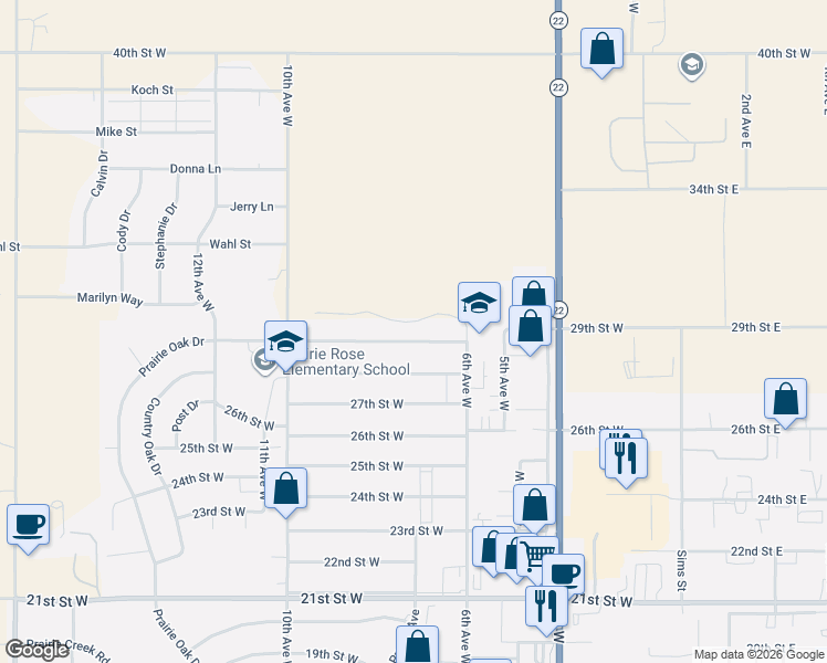 map of restaurants, bars, coffee shops, grocery stores, and more near 366-998 29th Street West in Dickinson