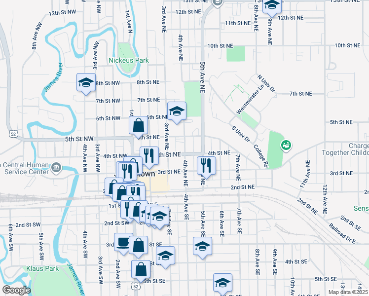 map of restaurants, bars, coffee shops, grocery stores, and more near 411 4th Avenue Northeast in Jamestown