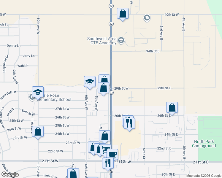 map of restaurants, bars, coffee shops, grocery stores, and more near 2893 3rd Avenue West in Dickinson