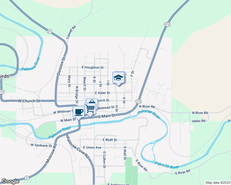 map of restaurants, bars, coffee shops, grocery stores, and more near 600 East Alder Street in Palouse