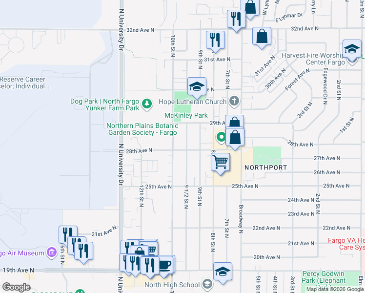 map of restaurants, bars, coffee shops, grocery stores, and more near 2805 9 1/2 Street North in Fargo