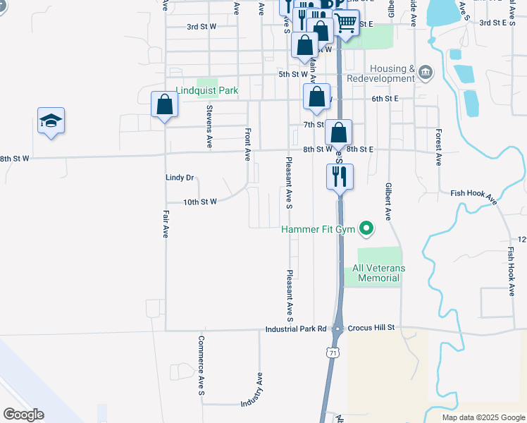 map of restaurants, bars, coffee shops, grocery stores, and more near 1002 Sunrise Circle in Park Rapids