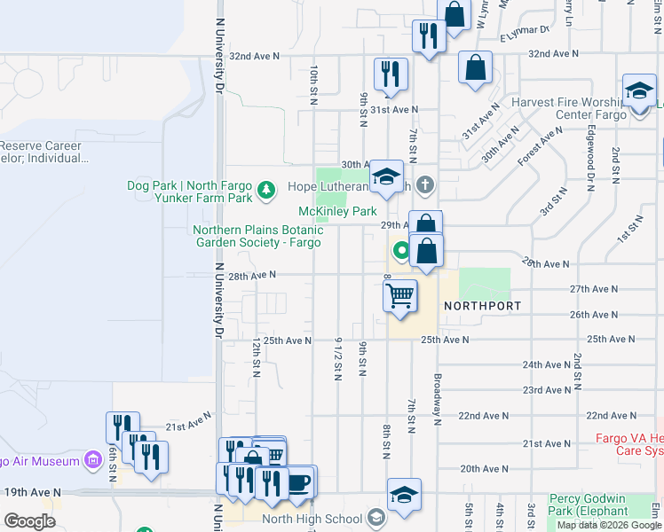 map of restaurants, bars, coffee shops, grocery stores, and more near 2805 9 1/2 Street North in Fargo