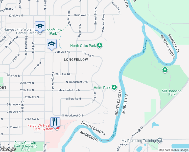 map of restaurants, bars, coffee shops, grocery stores, and more near 2715 Lilac Lane North in Fargo