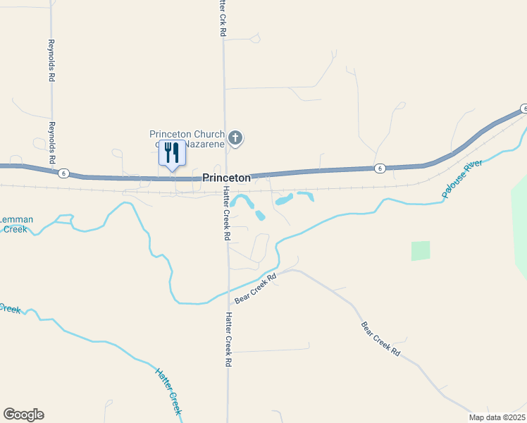 map of restaurants, bars, coffee shops, grocery stores, and more near Hatter Creek Road in Princeton