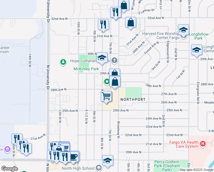 map of restaurants, bars, coffee shops, grocery stores, and more near 707 28th Avenue North in Fargo