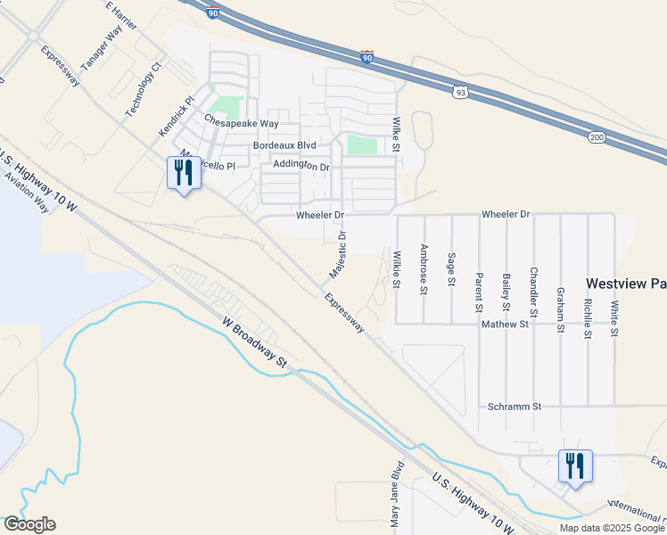 map of restaurants, bars, coffee shops, grocery stores, and more near 4343 Majestic Drive in Missoula