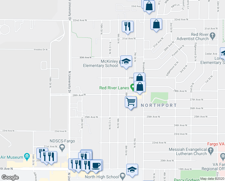 map of restaurants, bars, coffee shops, grocery stores, and more near 2805 9 1/2 St N in Fargo