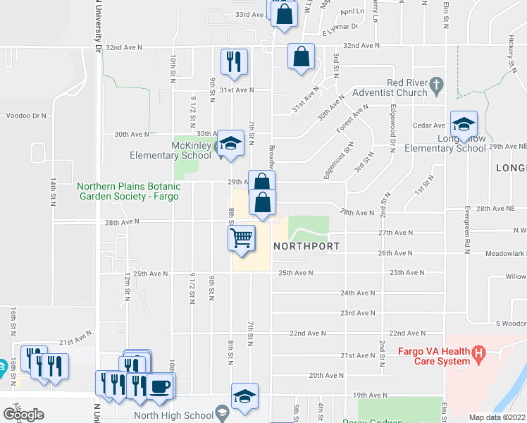 map of restaurants, bars, coffee shops, grocery stores, and more near 2806 Broadway North in Fargo
