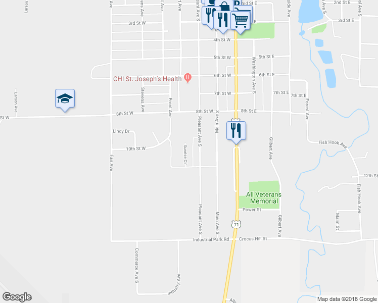 map of restaurants, bars, coffee shops, grocery stores, and more near 1002 Sunrise Circle in Park Rapids