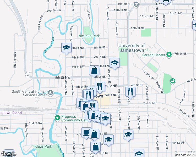 map of restaurants, bars, coffee shops, grocery stores, and more near 423 2nd Avenue Northeast in Jamestown