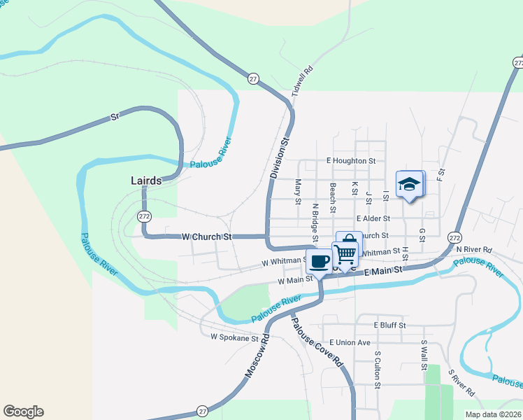 map of restaurants, bars, coffee shops, grocery stores, and more near 415 Division Street in Palouse