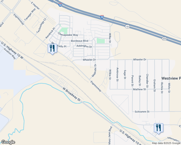 map of restaurants, bars, coffee shops, grocery stores, and more near 4343 Majestic Drive in Missoula