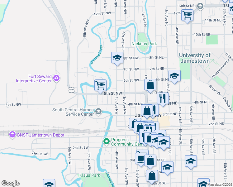 map of restaurants, bars, coffee shops, grocery stores, and more near 401 5th Street Northwest in Jamestown