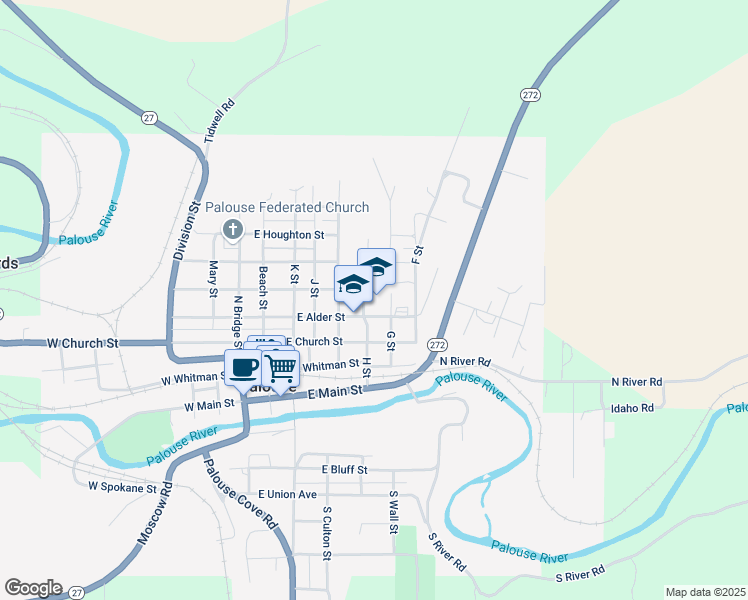 map of restaurants, bars, coffee shops, grocery stores, and more near 600 East Alder Street in Palouse