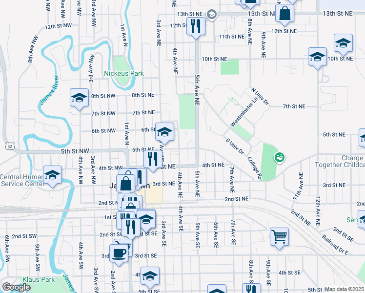 map of restaurants, bars, coffee shops, grocery stores, and more near 411 4th Avenue Northeast in Jamestown