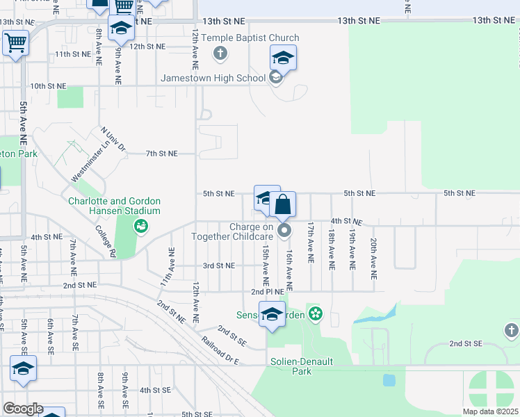 map of restaurants, bars, coffee shops, grocery stores, and more near 407 15th Avenue Northeast in Jamestown