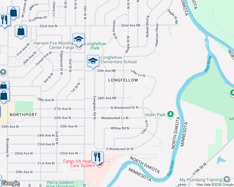 map of restaurants, bars, coffee shops, grocery stores, and more near 67 28th Avenue Northeast in Fargo