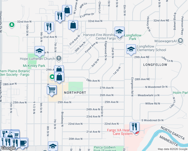 map of restaurants, bars, coffee shops, grocery stores, and more near 209 28th Avenue North in Fargo