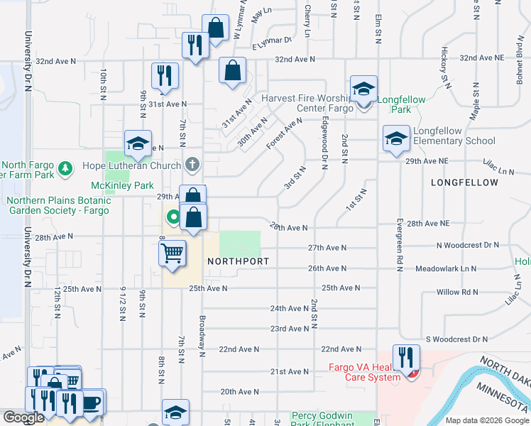 map of restaurants, bars, coffee shops, grocery stores, and more near 306 28th Avenue North in Fargo