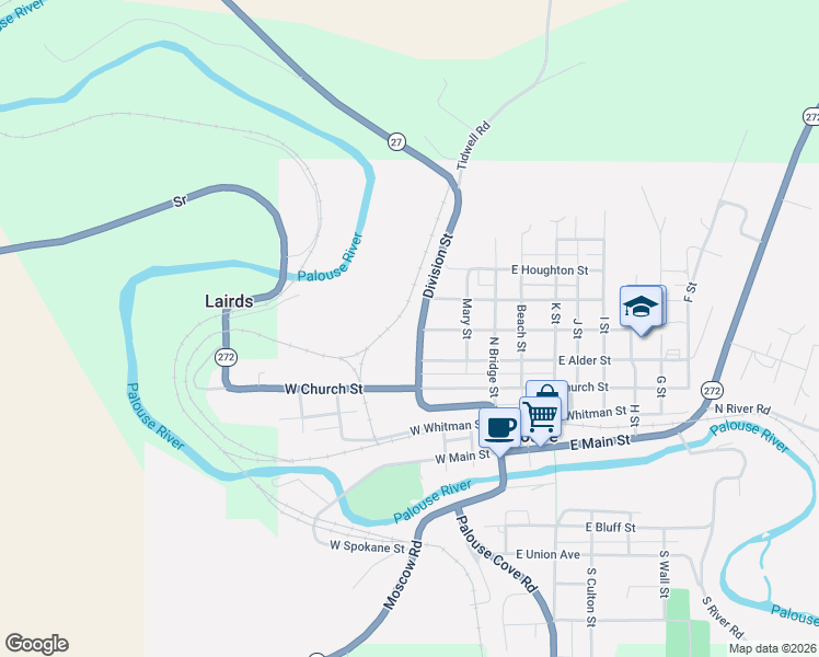 map of restaurants, bars, coffee shops, grocery stores, and more near 415 Division Street in Palouse