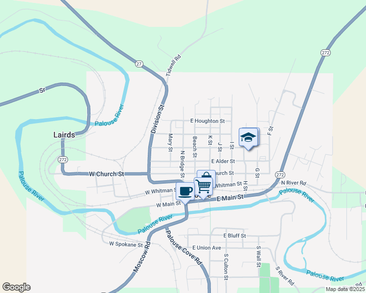 map of restaurants, bars, coffee shops, grocery stores, and more near North Bridge Street in Palouse
