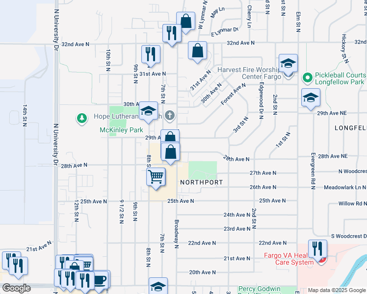 map of restaurants, bars, coffee shops, grocery stores, and more near 2806 Broadway North in Fargo