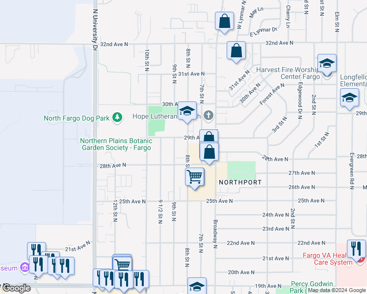 map of restaurants, bars, coffee shops, grocery stores, and more near 2800 8th Street North in Fargo