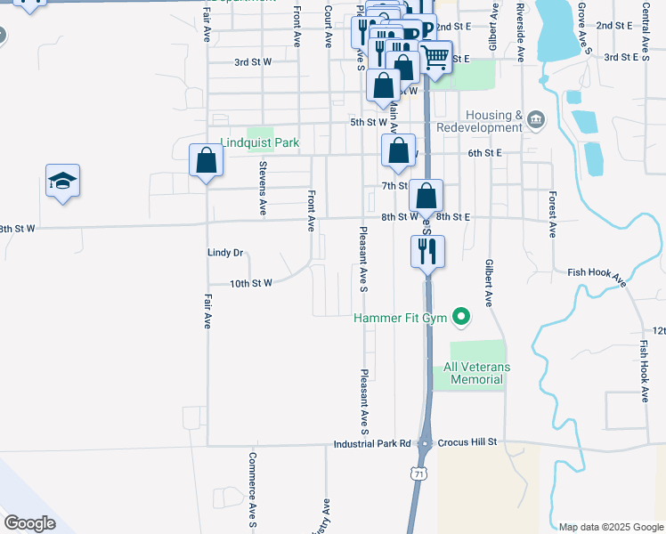 map of restaurants, bars, coffee shops, grocery stores, and more near 1002 Sunrise Circle in Park Rapids