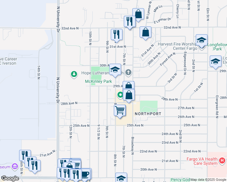 map of restaurants, bars, coffee shops, grocery stores, and more near 2800 8th Street North in Fargo