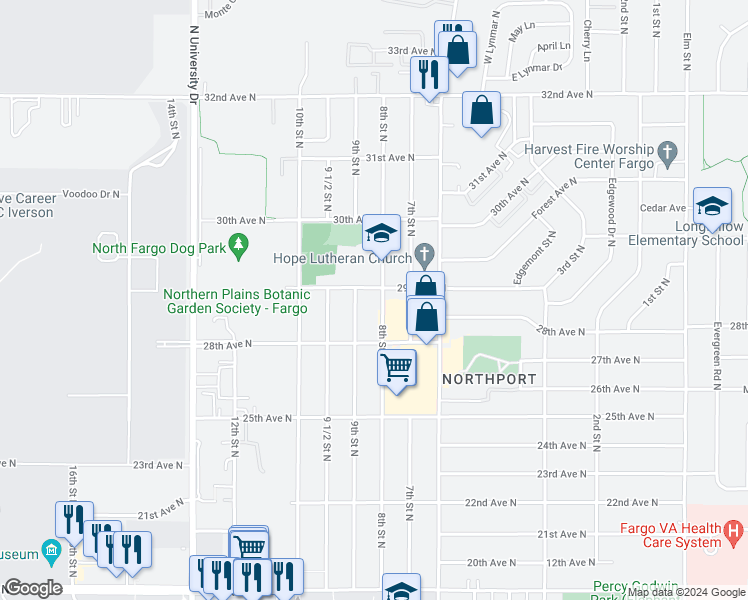 map of restaurants, bars, coffee shops, grocery stores, and more near 2930 8th Street North in Fargo