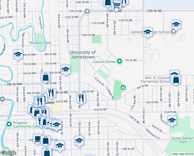 map of restaurants, bars, coffee shops, grocery stores, and more near 614 Westminster Lane in Jamestown