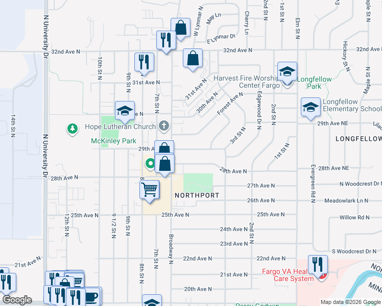 map of restaurants, bars, coffee shops, grocery stores, and more near 502 29th Avenue North in Fargo