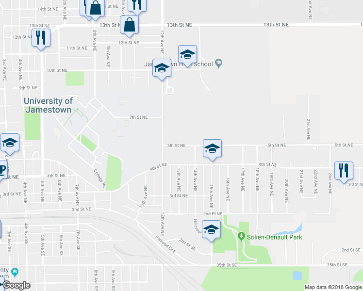 map of restaurants, bars, coffee shops, grocery stores, and more near 1305 5th Street Northeast in Jamestown