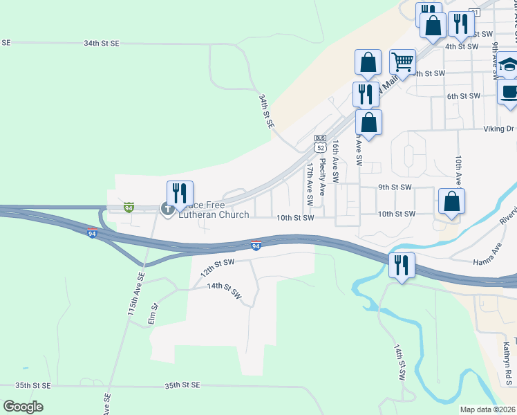 map of restaurants, bars, coffee shops, grocery stores, and more near 900-998 19th Avenue Southwest in Valley City
