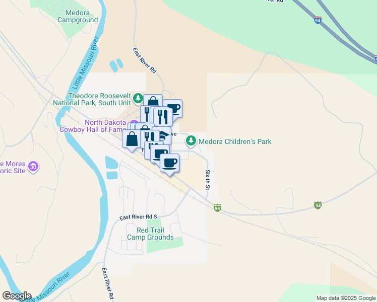 map of restaurants, bars, coffee shops, grocery stores, and more near in Billings County