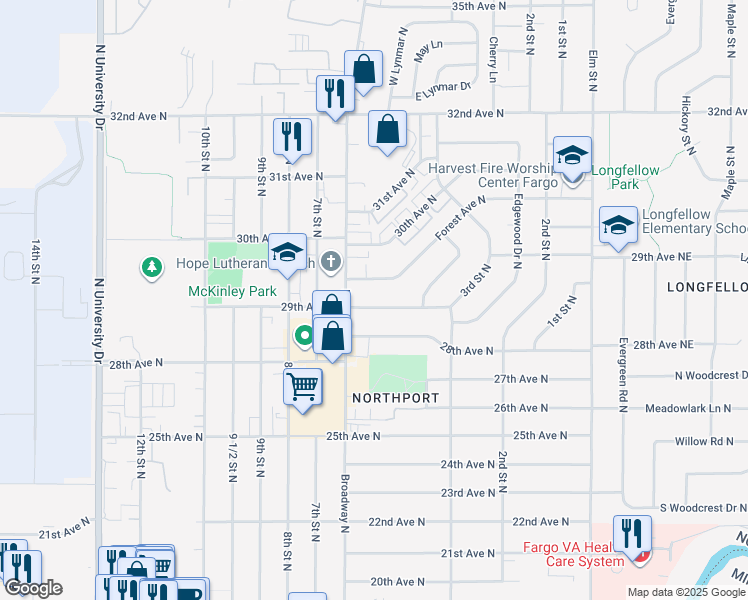map of restaurants, bars, coffee shops, grocery stores, and more near 509 29th Avenue North in Fargo