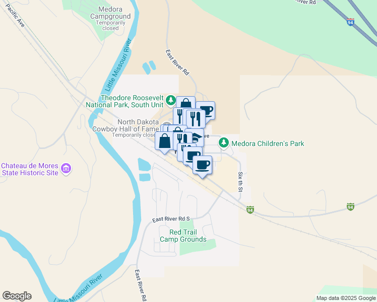 map of restaurants, bars, coffee shops, grocery stores, and more near in Medora