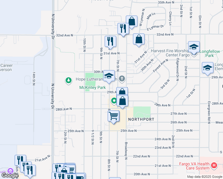 map of restaurants, bars, coffee shops, grocery stores, and more near 2901 8th Street North in Fargo