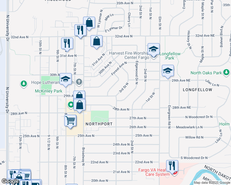 map of restaurants, bars, coffee shops, grocery stores, and more near 2902 3rd Street North in Fargo